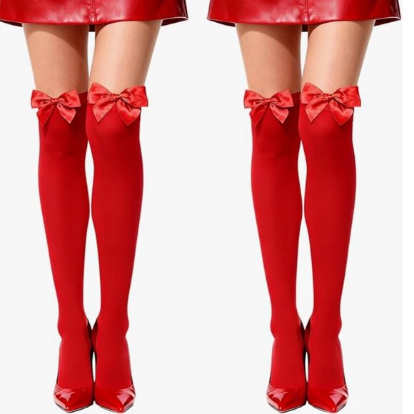 2 Pairs Red Thigh High Stockings - Picture 2 of 4